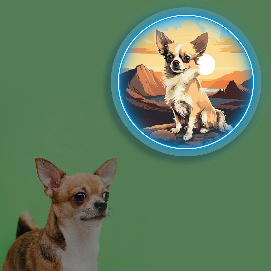 Sunset Canyon Long Coat Chihuahua Neon Artwork in iceblue color