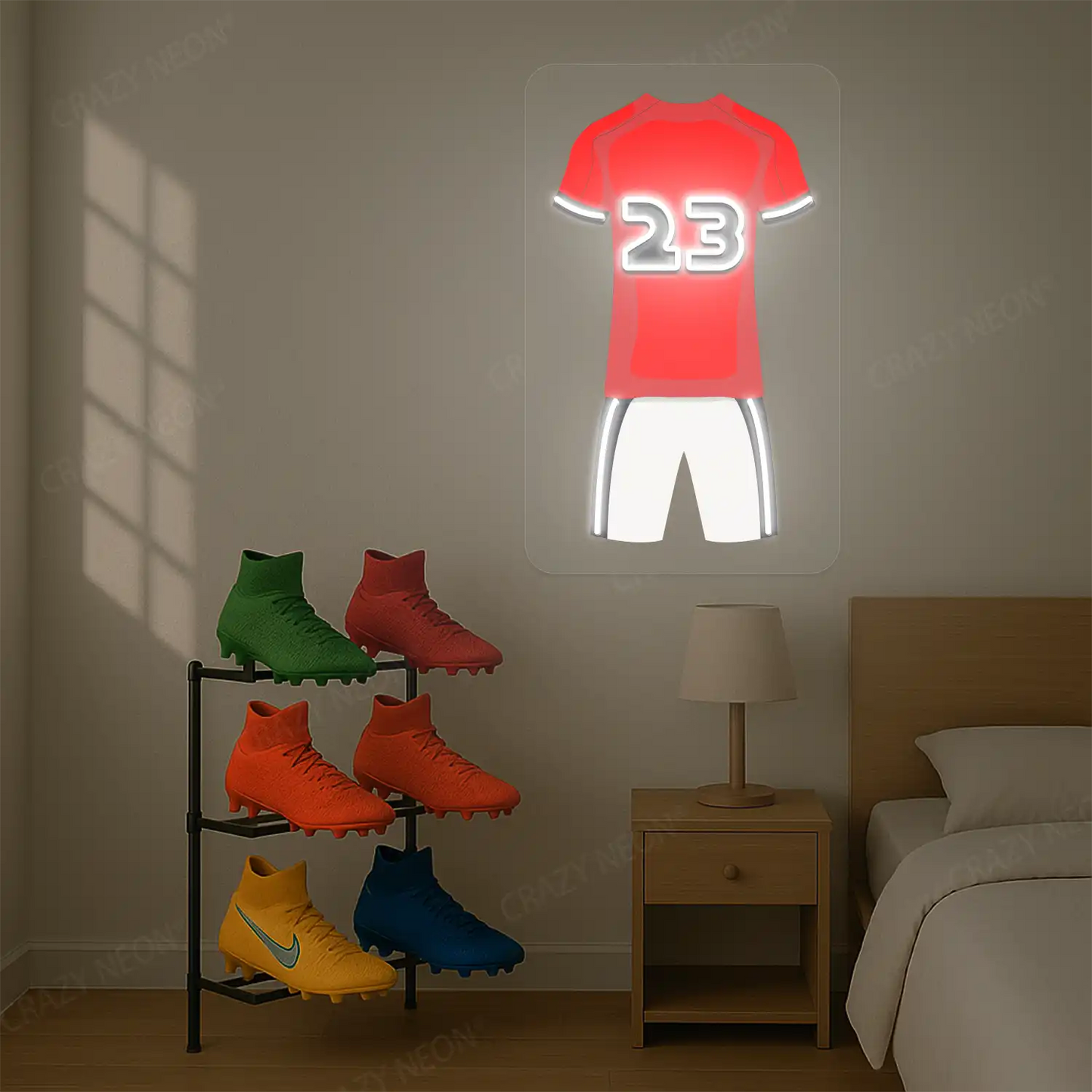 Red football jersey neon artwork with number 23 glowing on a beige wall