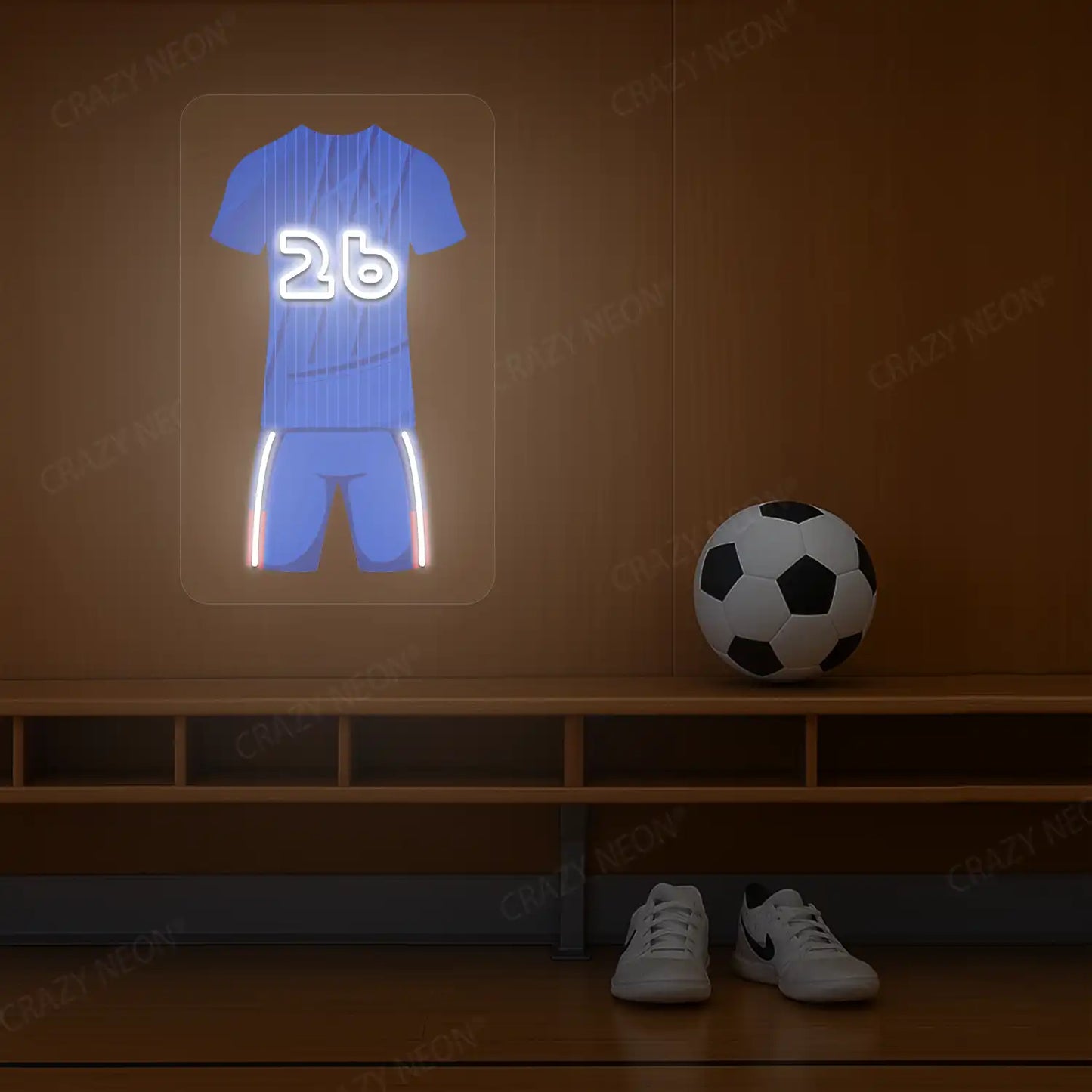 Blue football jersey neon artwork with number 26 glowing on a wooden wall
