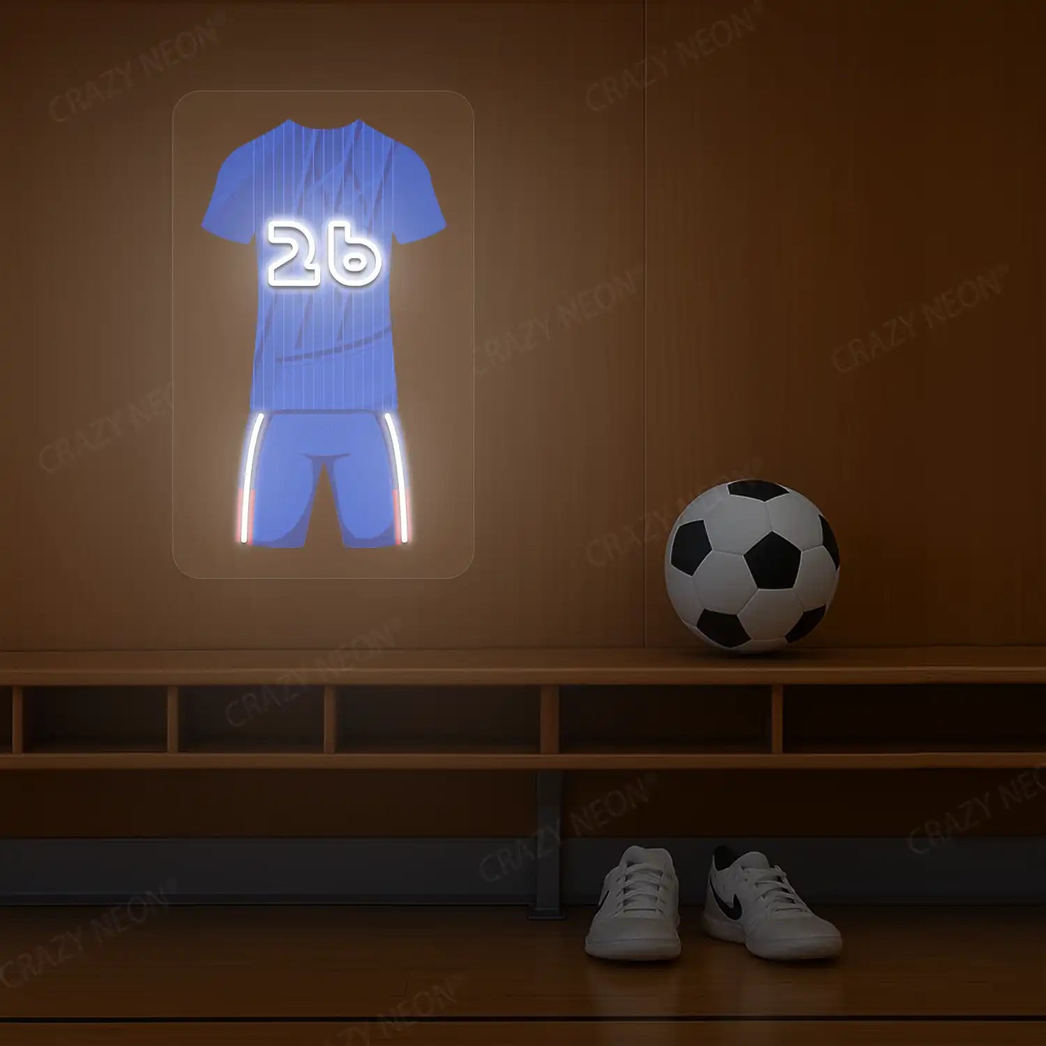 Blue football jersey neon artwork with number 26 glowing on a wooden wall