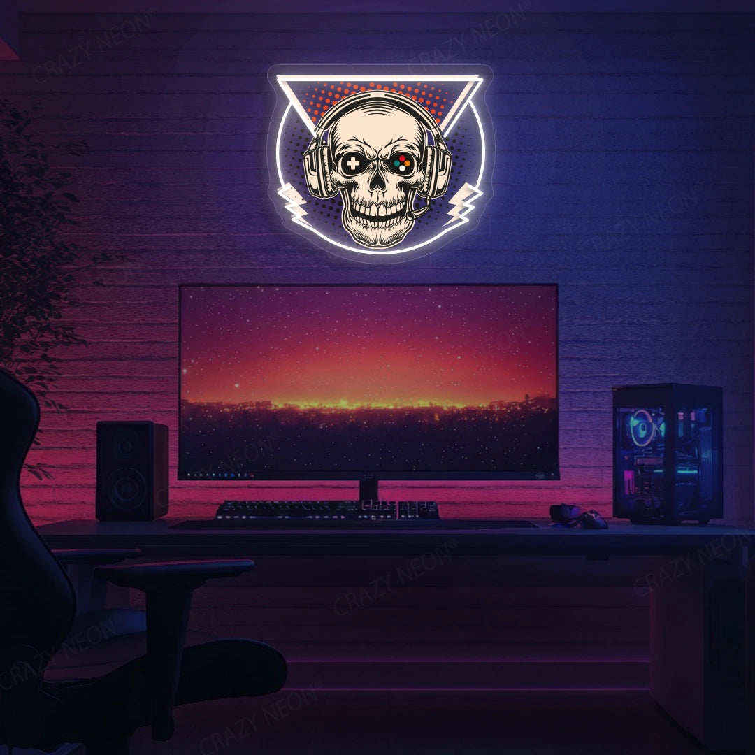 Skull Headphone Gaming Neon Artwork in White Color