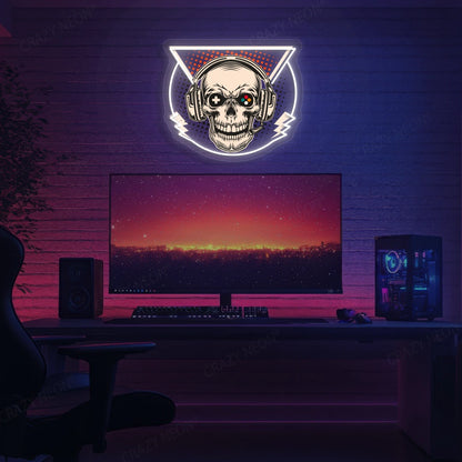 Skull Headphone Gaming Neon Artwork in White Color