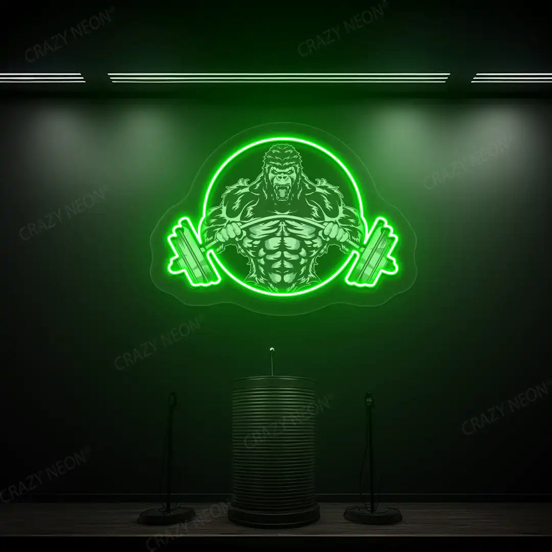 green roaring gorilla gym neon artwork mounted on a wall