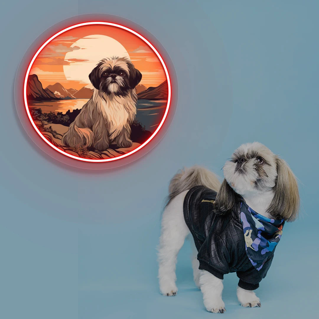 Sunset Lake Shih Tzu Portrait Neon Artwork in red Color