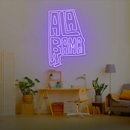 ALABAMA Map Neon Sign lighting up in purple color in a room