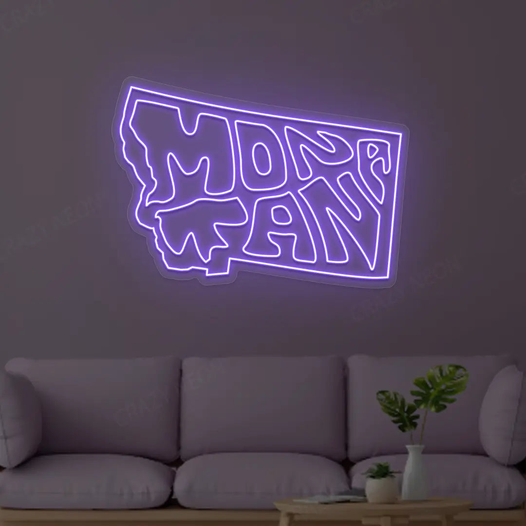 MONTANA Map Neon Sign lighting up in purple color in a room