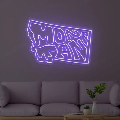 MONTANA Map Neon Sign lighting up in purple color in a room