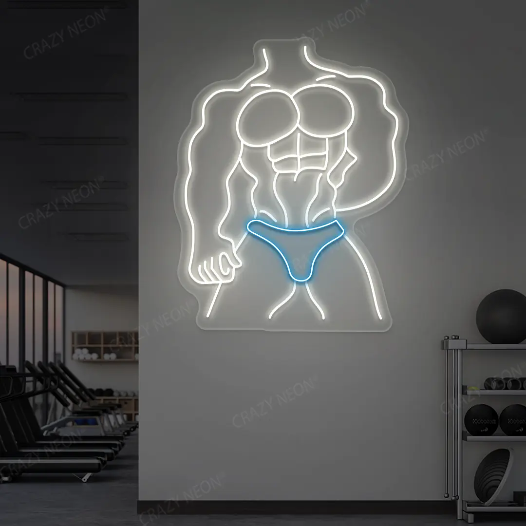 ice blue and white physique pro neon sign mounted on a wall