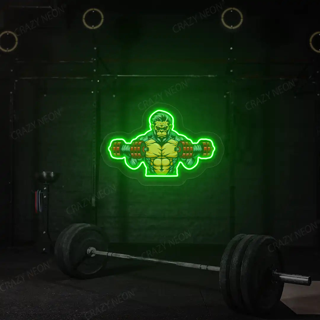green monkey workout gym neon artwork mounted on a wall