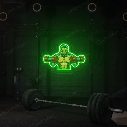 green monkey workout gym neon artwork mounted on a wall