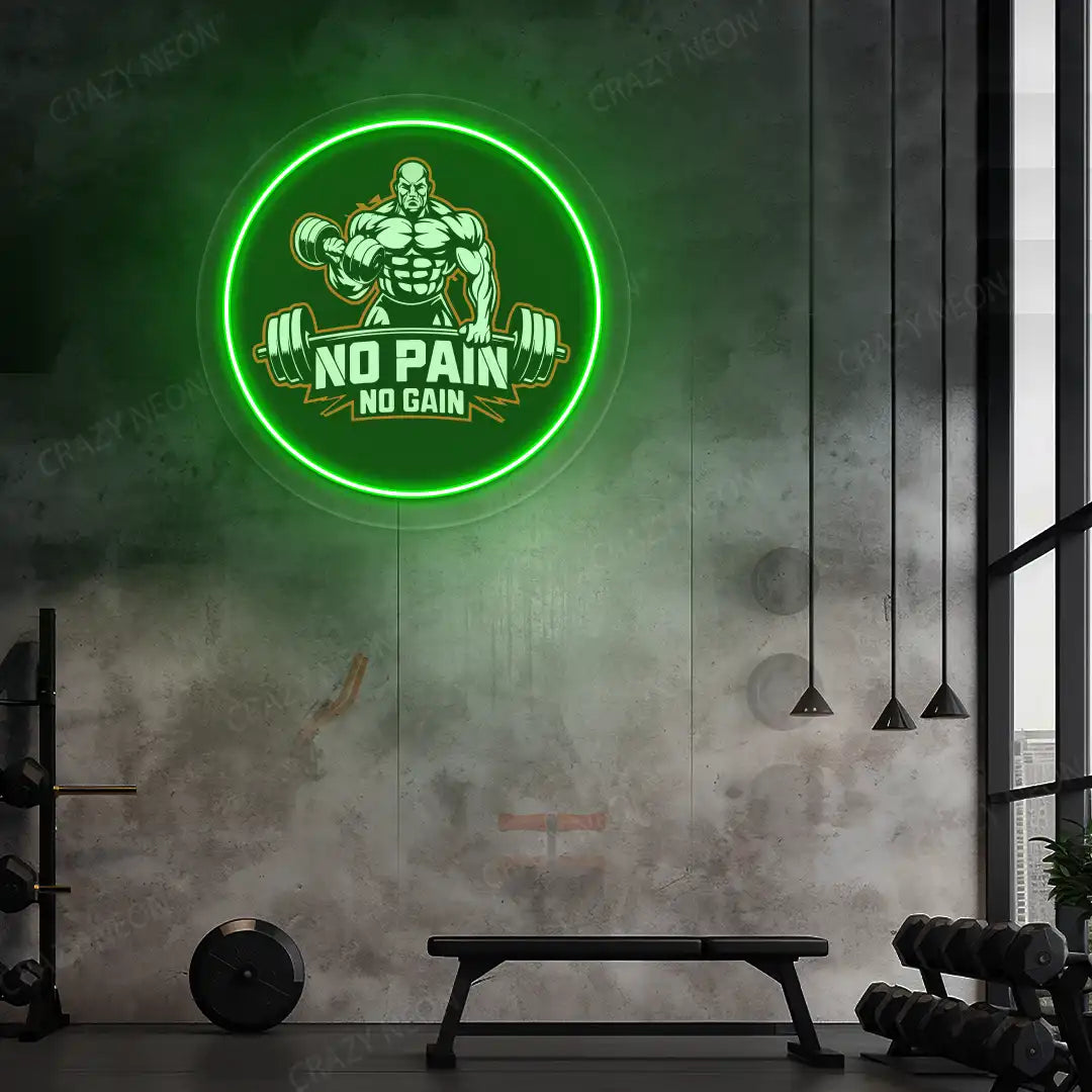 green no pain no gain gym neon artwork mounted on a wall