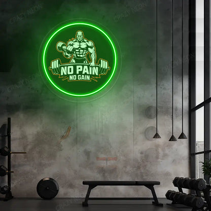 green no pain no gain gym neon artwork mounted on a wall