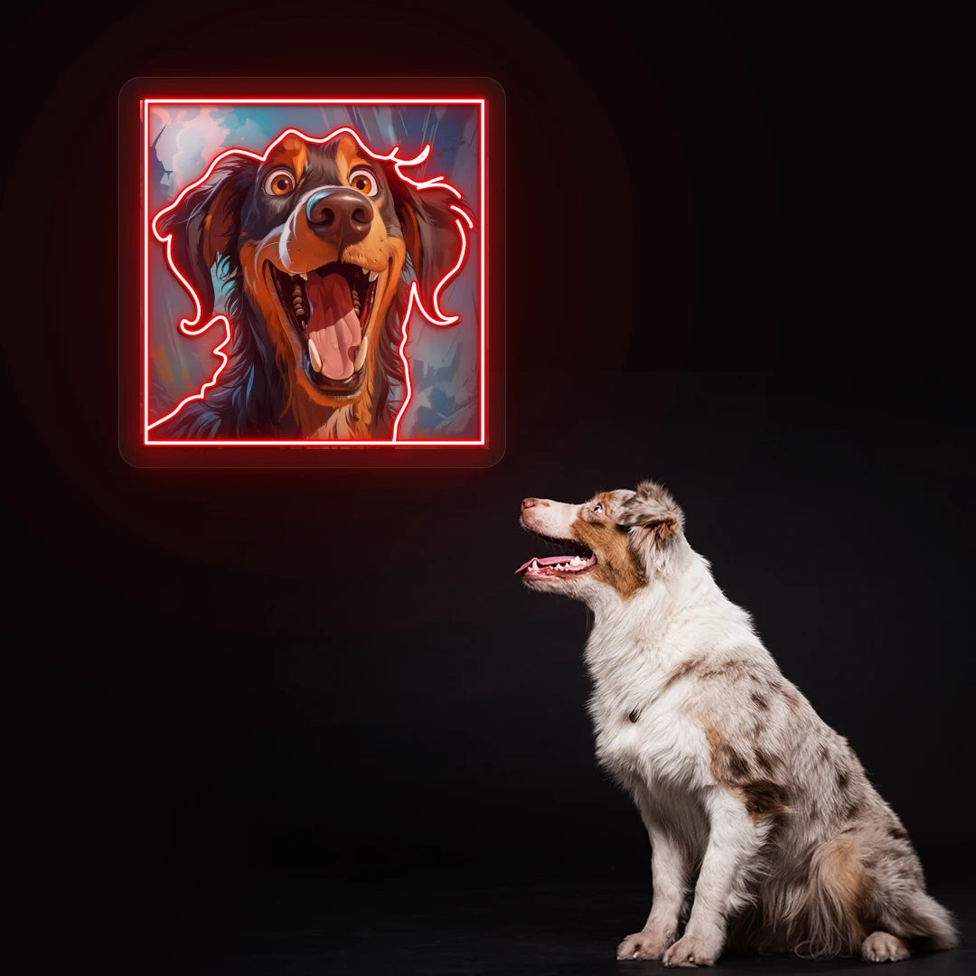 Happy Australian Shepherd Portrait Neon Artwork in Red Color