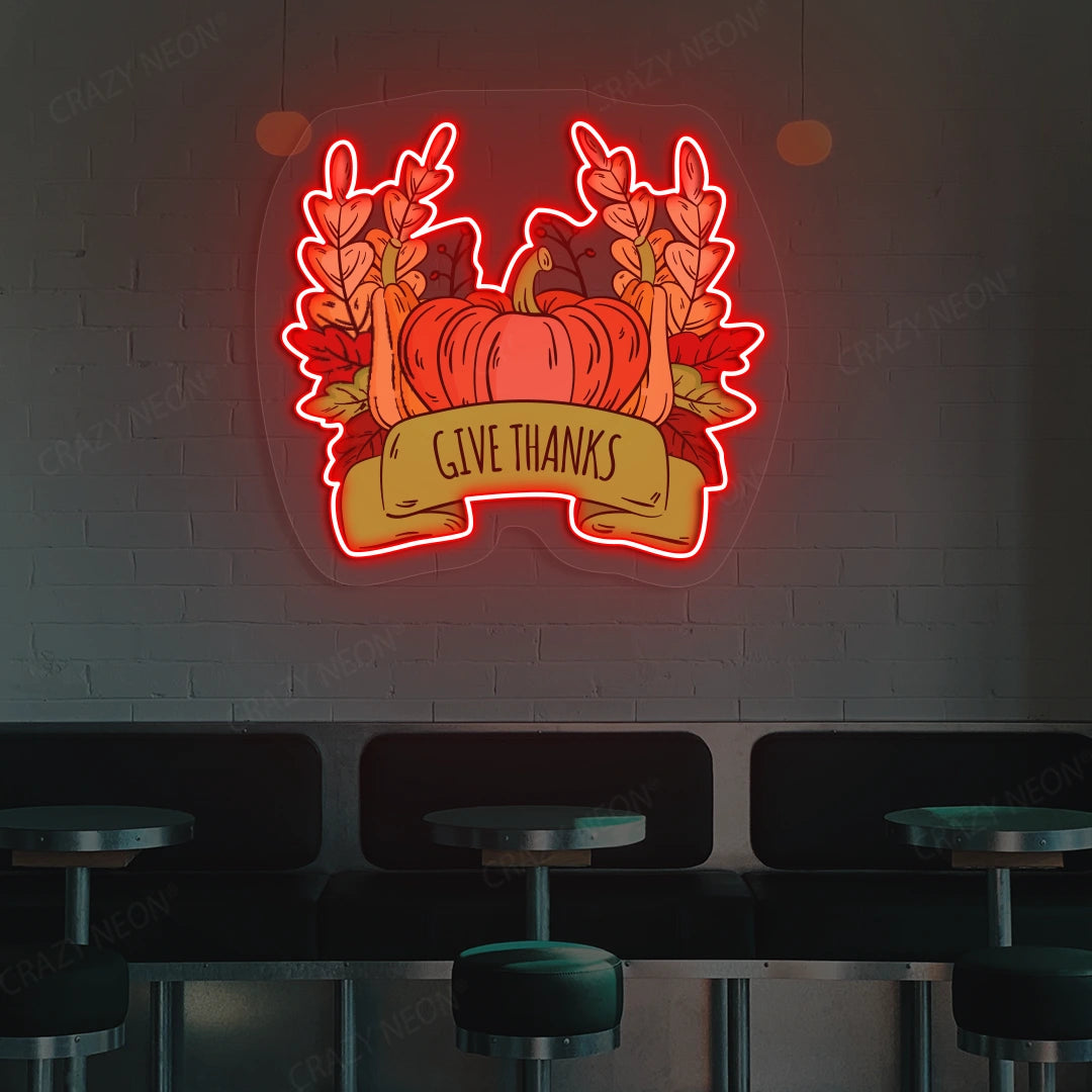 Pumpkin harvest give thanks neon sign in red