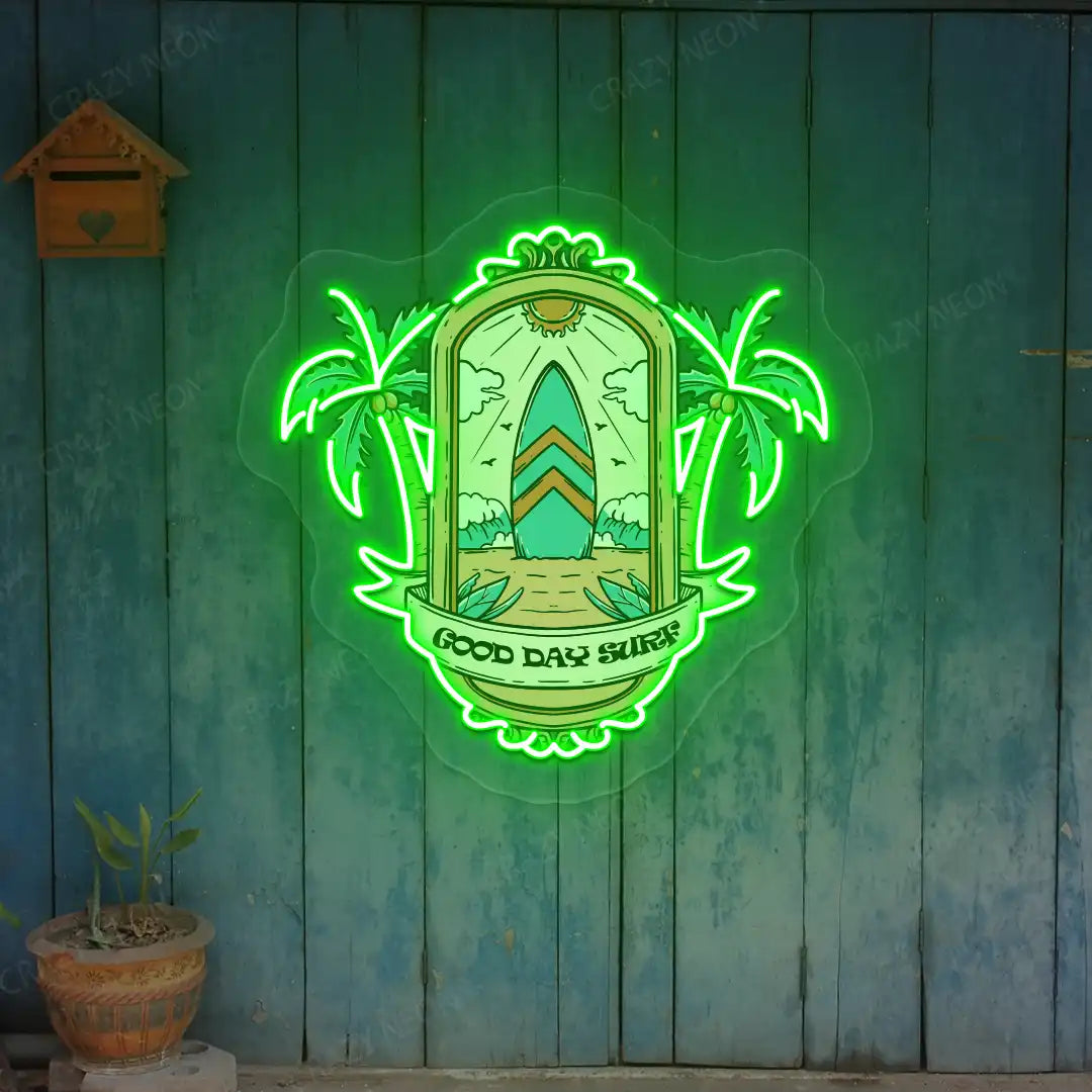 green good day surf beach neon artwork mounted on a wall