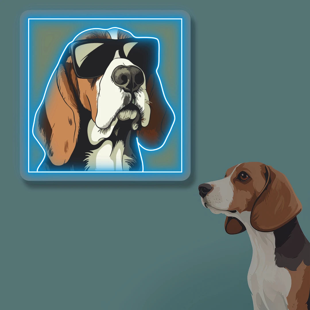 Cool Shades Beagle Portrait Neon Artwork in Iceblue