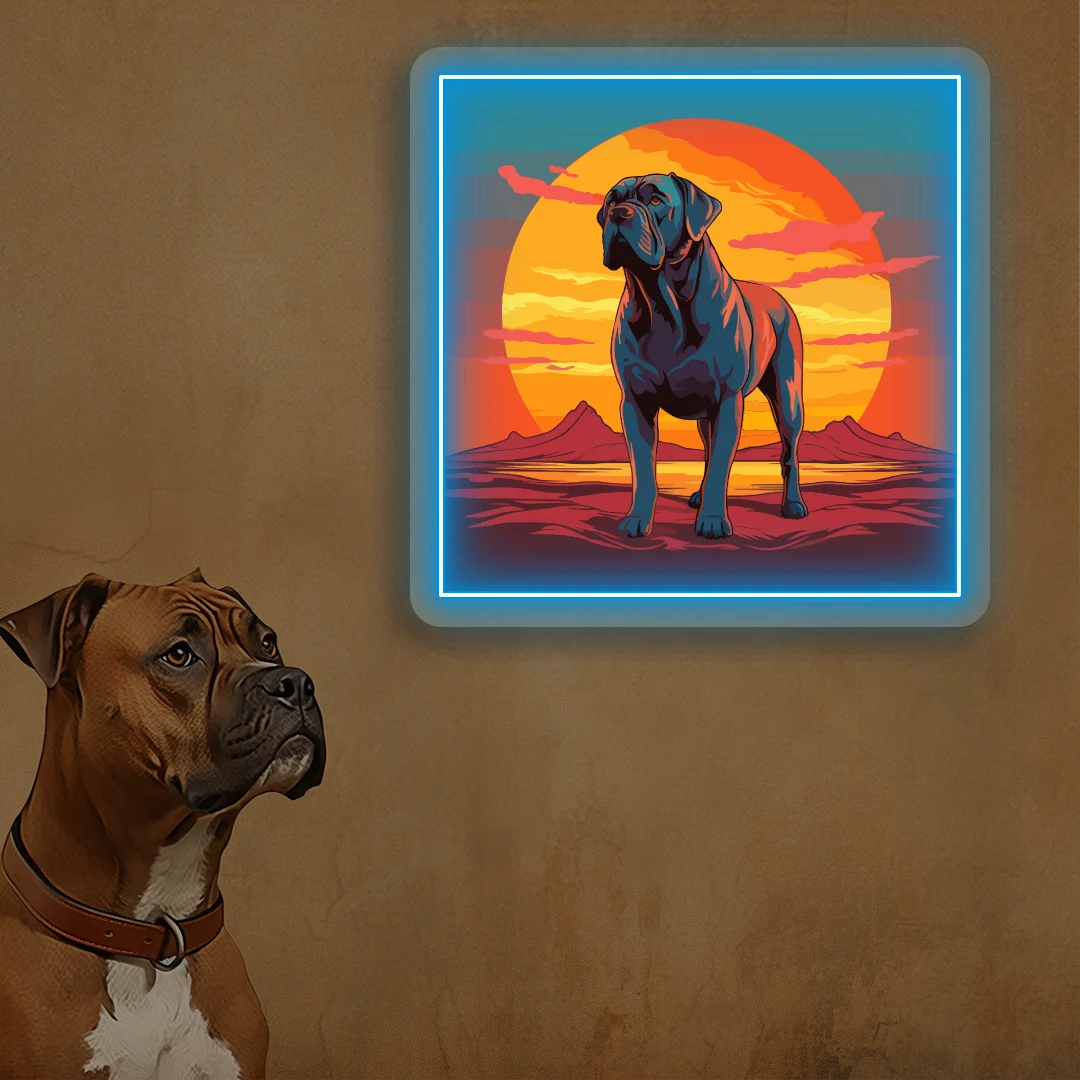 Sunset Canyon Mastiff Dog Neon Artwork in Iceblue color