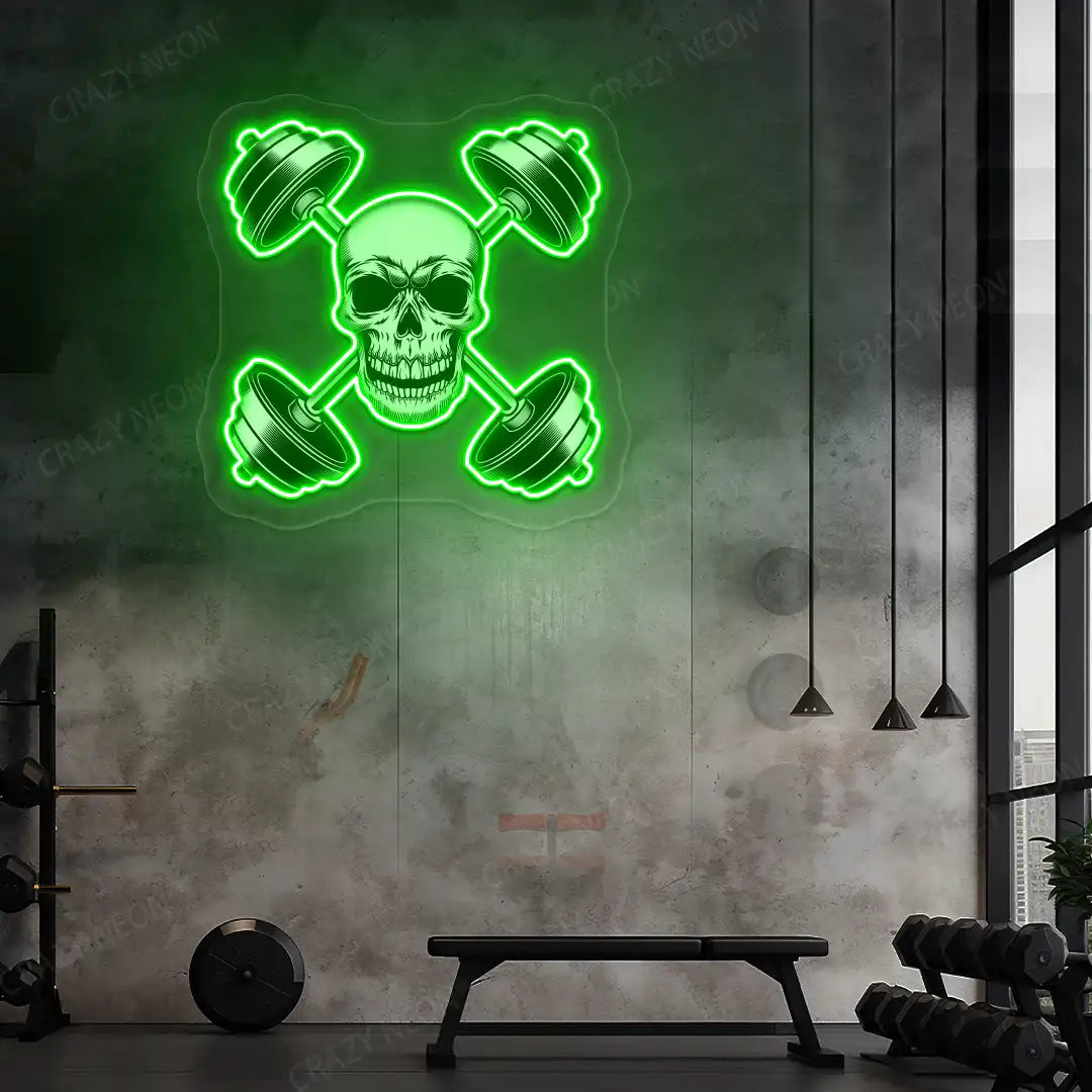 green skull cross dumbbell gym neon artwork mounted on a wall