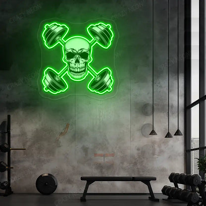 green skull cross dumbbell gym neon artwork mounted on a wall