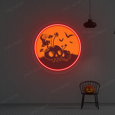 Haunted Mushroom Skulls Neon Artwork | Red