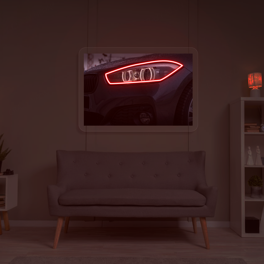 Black BMW Headlight Neon Artwork | Red