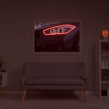 Black BMW Headlight Neon Artwork | Red