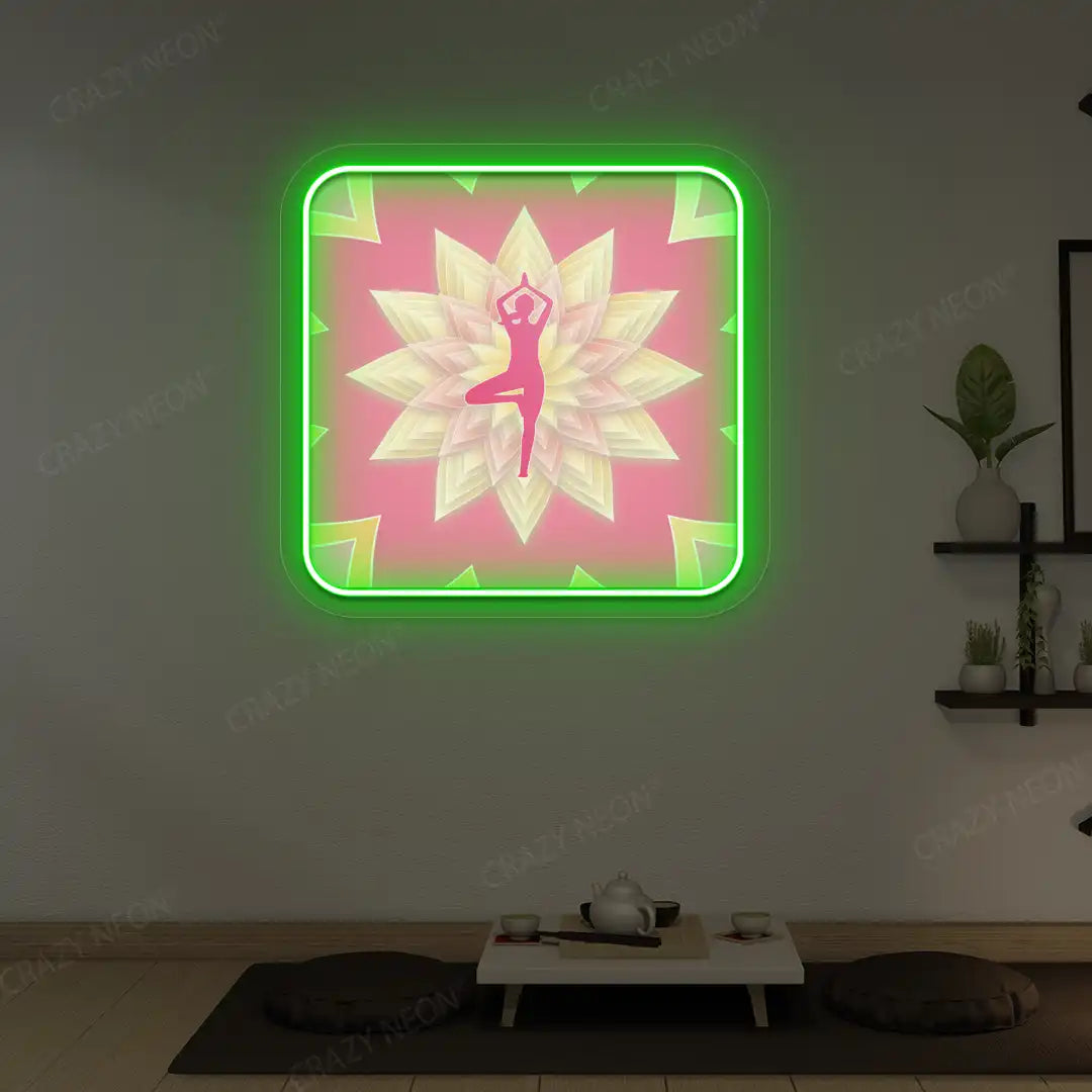 Vrikshasana Mandala Yoga Neon Artwork lighting up in green color in a yoga room
