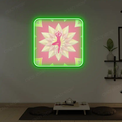 Vrikshasana Mandala Yoga Neon Artwork lighting up in green color in a yoga room