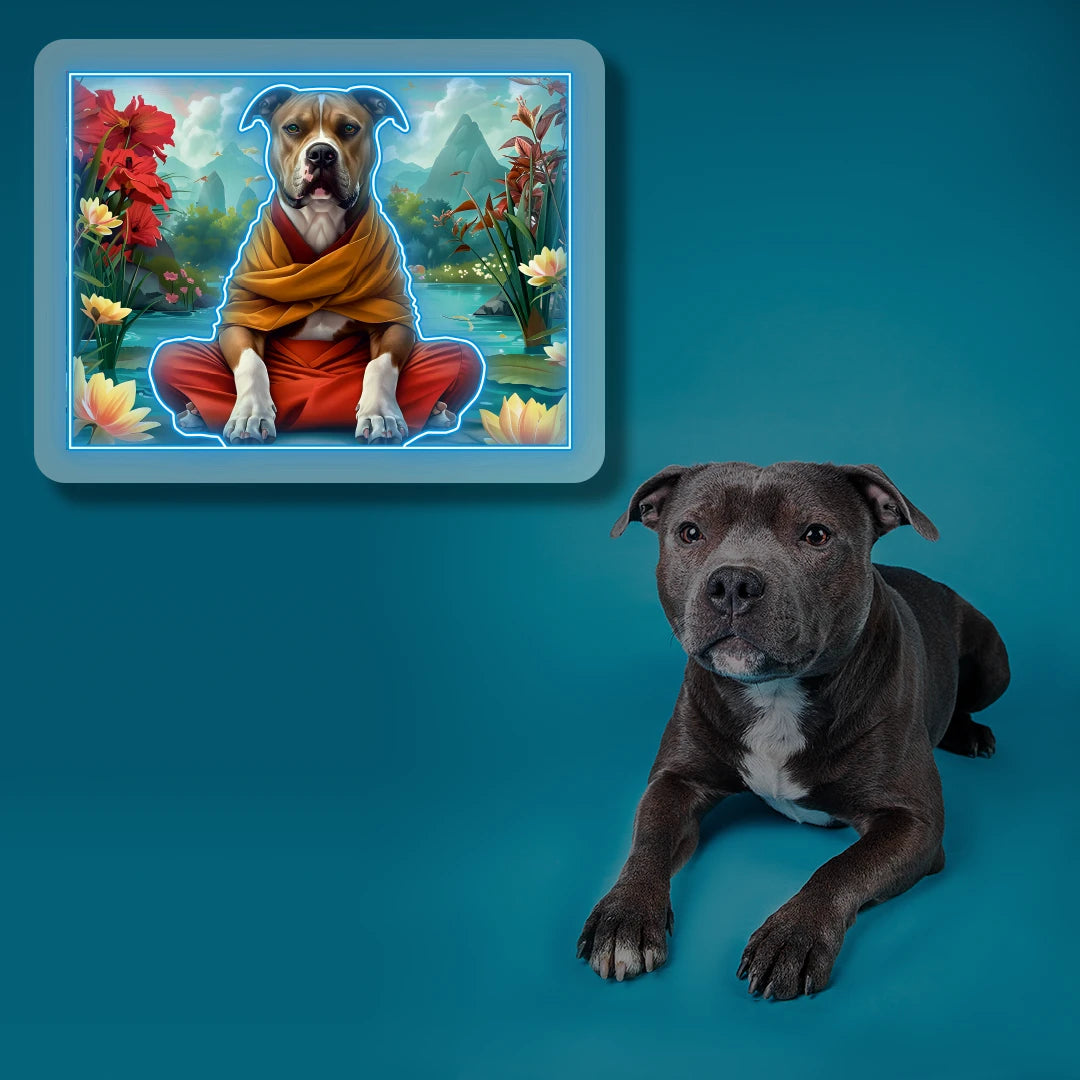 Peaceful Pitbull Monk Scenery Neon Artwork in Iceblue color