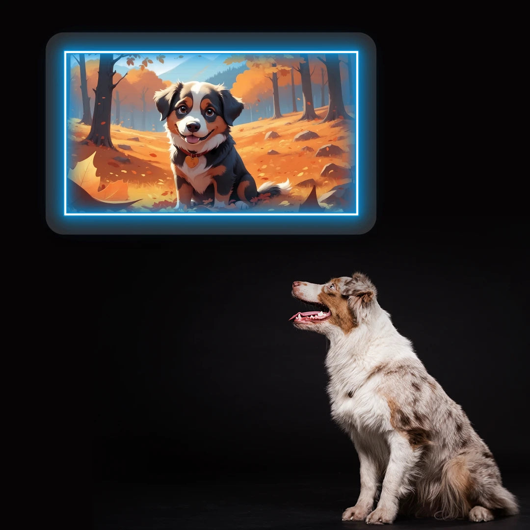 Autumn Forest Australian Shepherd Puppy Neon Artwork in Iceblue