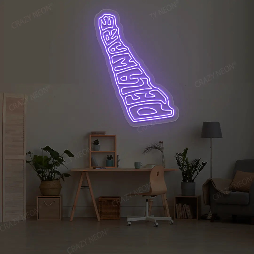 DELAWARE Map Neon Sign lighting up in purple color in a room