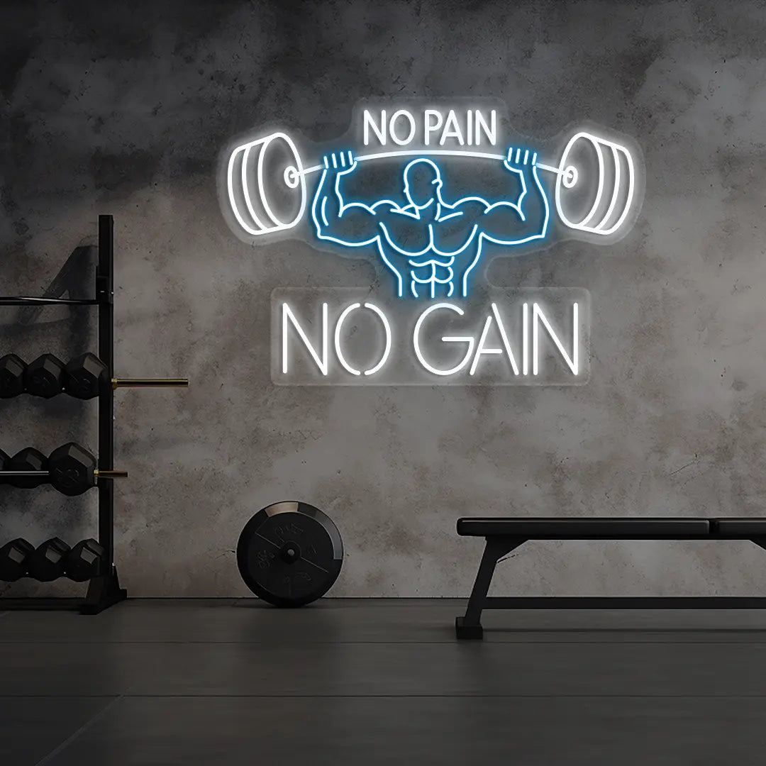 ice blue and white no pain no gain bodybuilder neon sign mounted on a wall