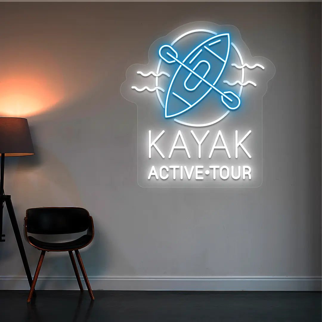 ice blue and white kayak active tour neon sign mounted on a wall