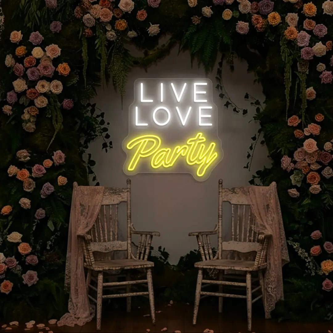 Live Love Party Neon Sign in Yellow color