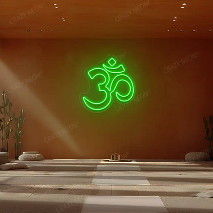 Om Symbol Neon Sign lighting up in green color in a yoga room