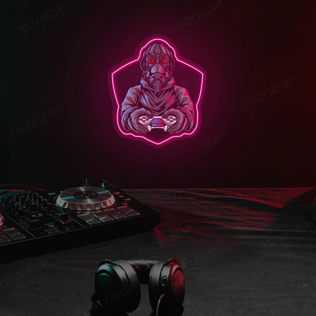 Gas Mask Soldier Gamer Neon Artwork in pink color