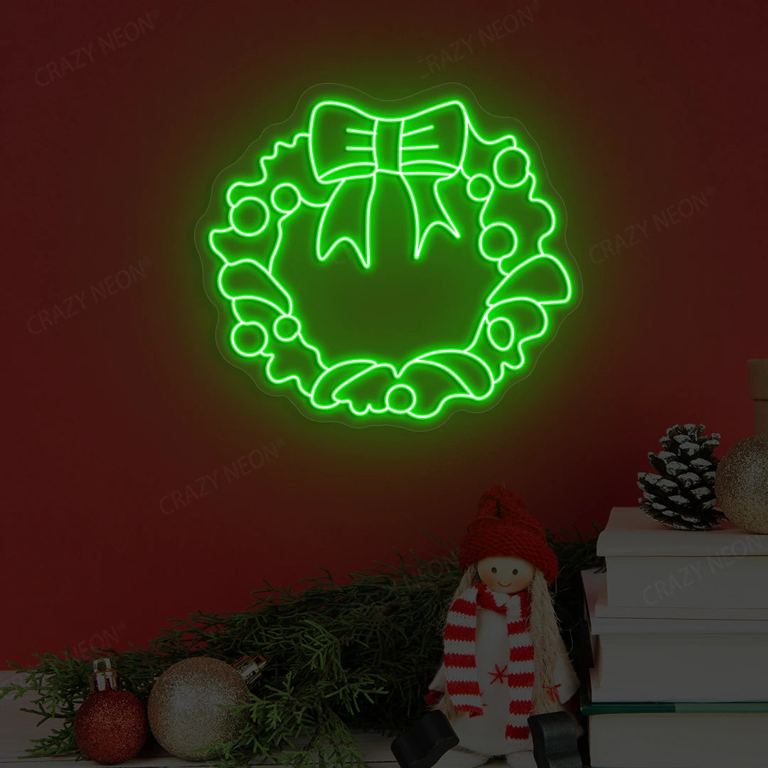 Holiday Bow Wreath Neon Sign | Green