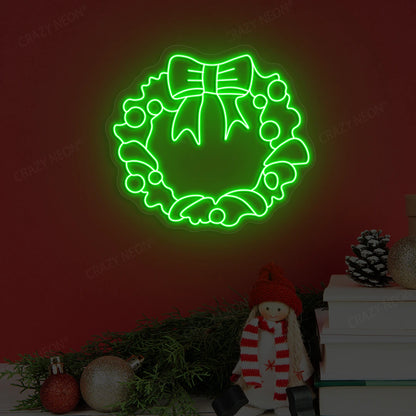Holiday Bow Wreath Neon Sign | Green