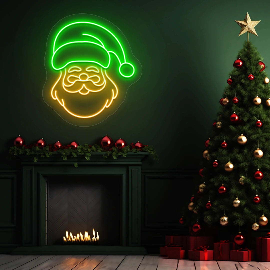 Festive Furry Santa Face Neon Sign | Green