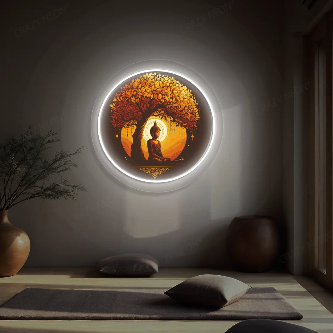 Golden Bodhi Buddha Neon Artwork lighting up in white color in a yoga room