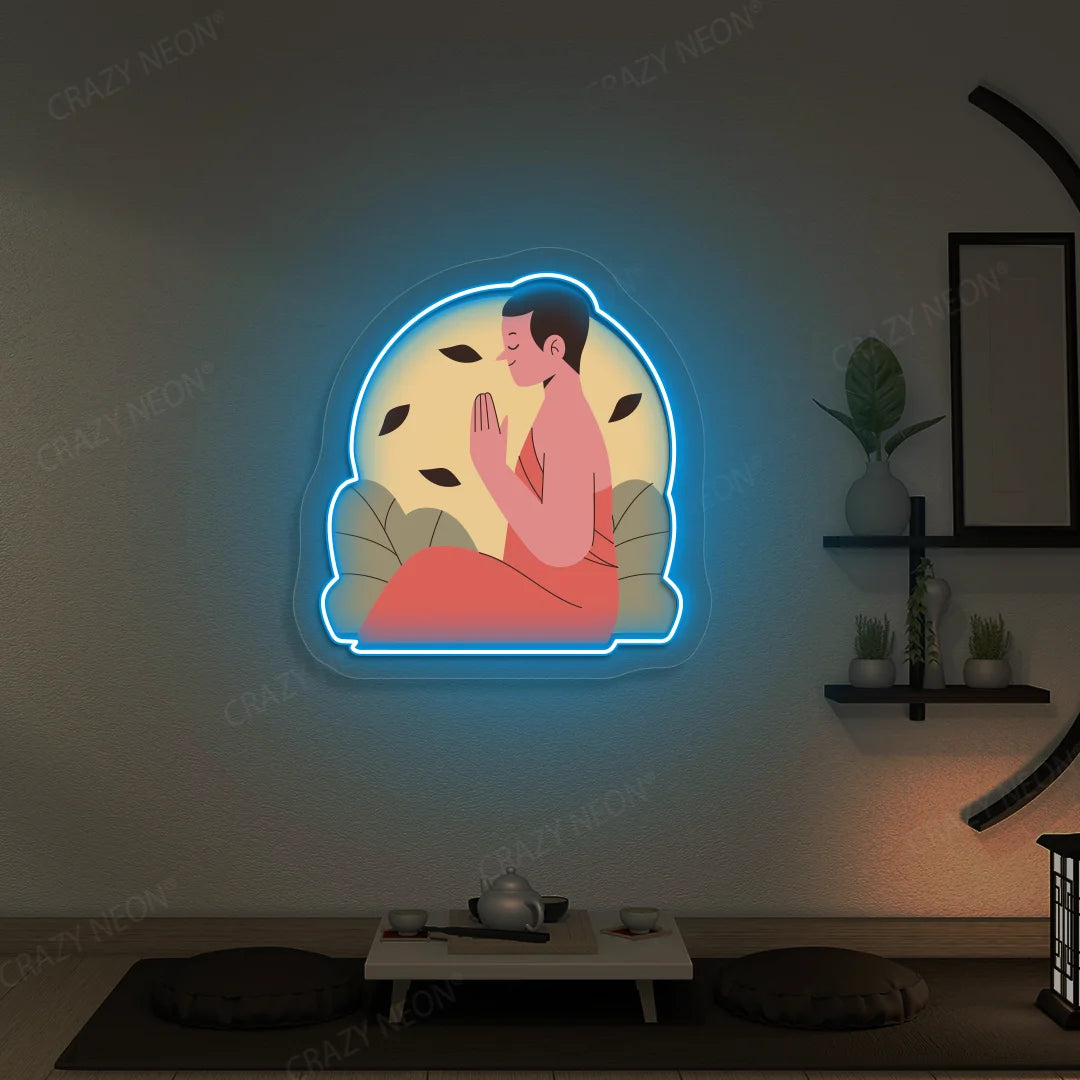 Serene Monk Neon Artwork lighting up in iceblue color in a yoga room