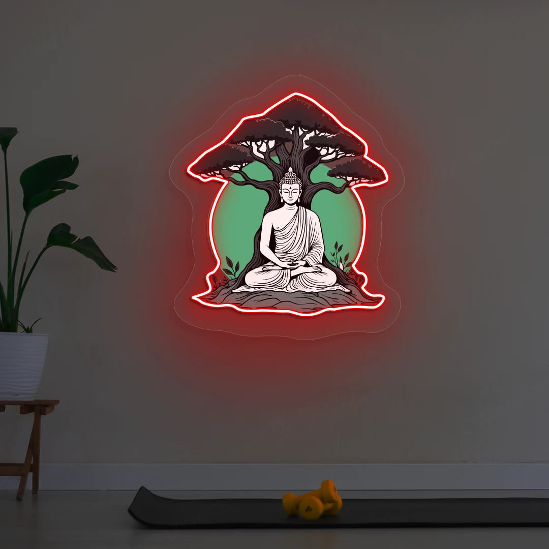 Buddha under Bodhi Neon Artwork lighting up in Red color in room