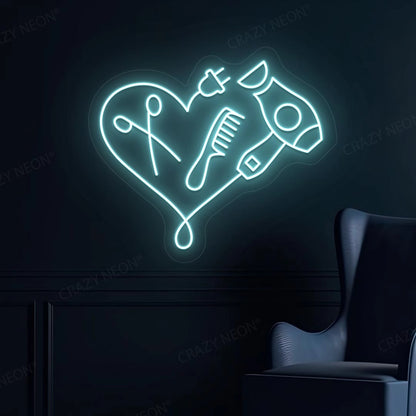 Hair Dryer Combs Clippers Heart Neon Sign | Ice blue