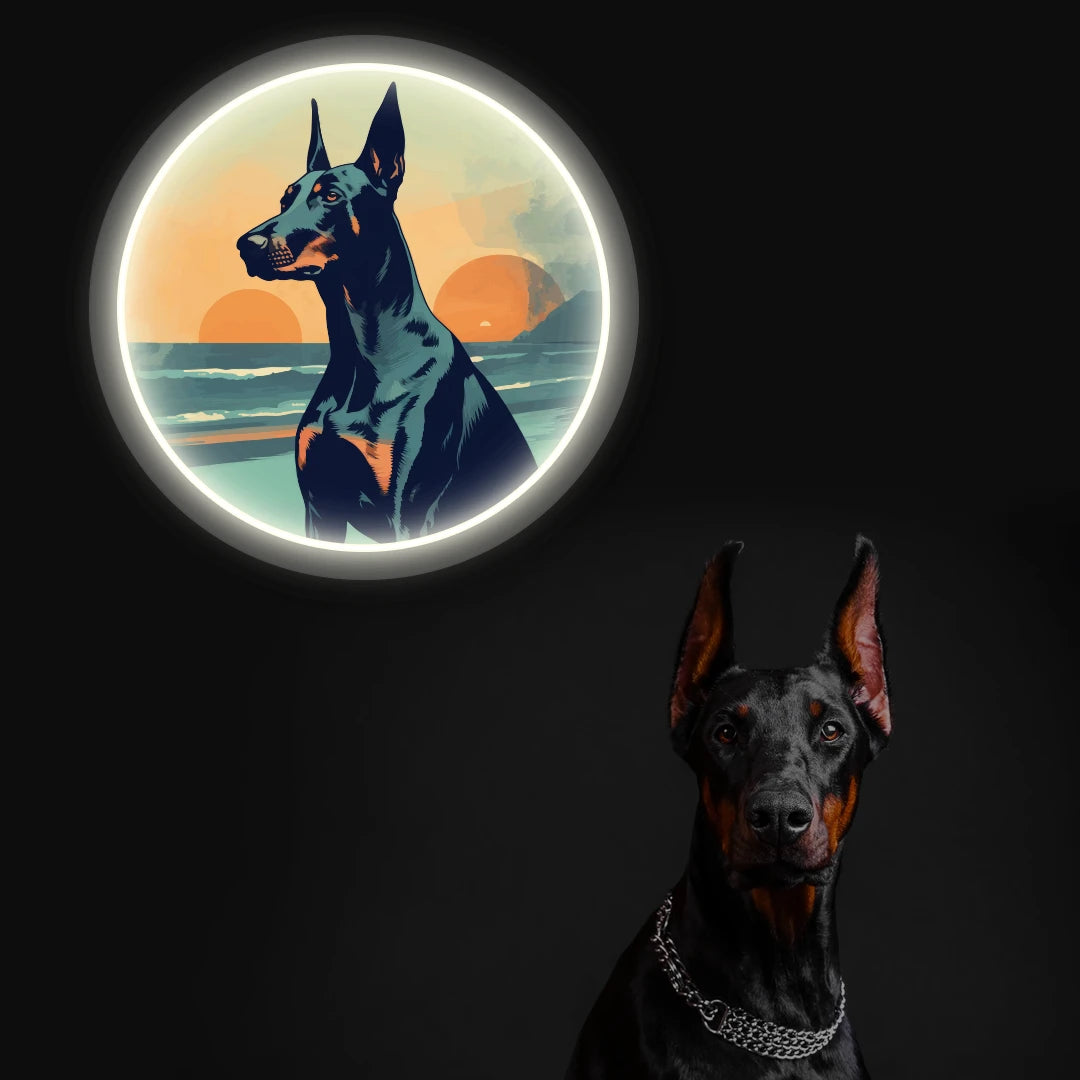 Twin Sunset Beach Doberman Neon Artwork in warmwhite color