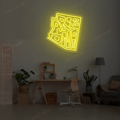 ARIZONA Map Neon Sign lighting up in yellow color in a room