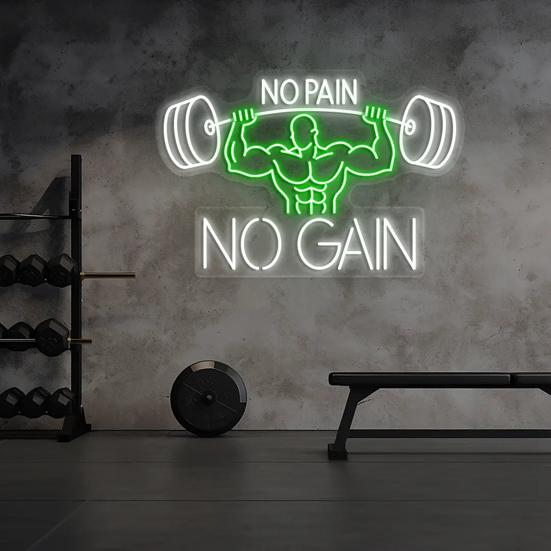 green and white no pain no gain bodybuilder neon sign mounted on a wall