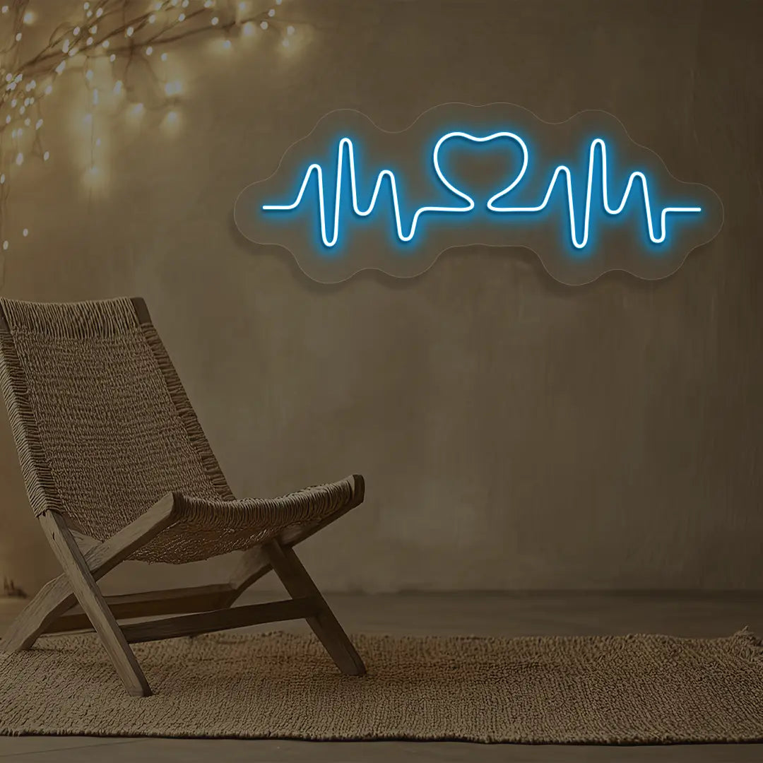 ice blue love pulse neon sign mounted on a wall