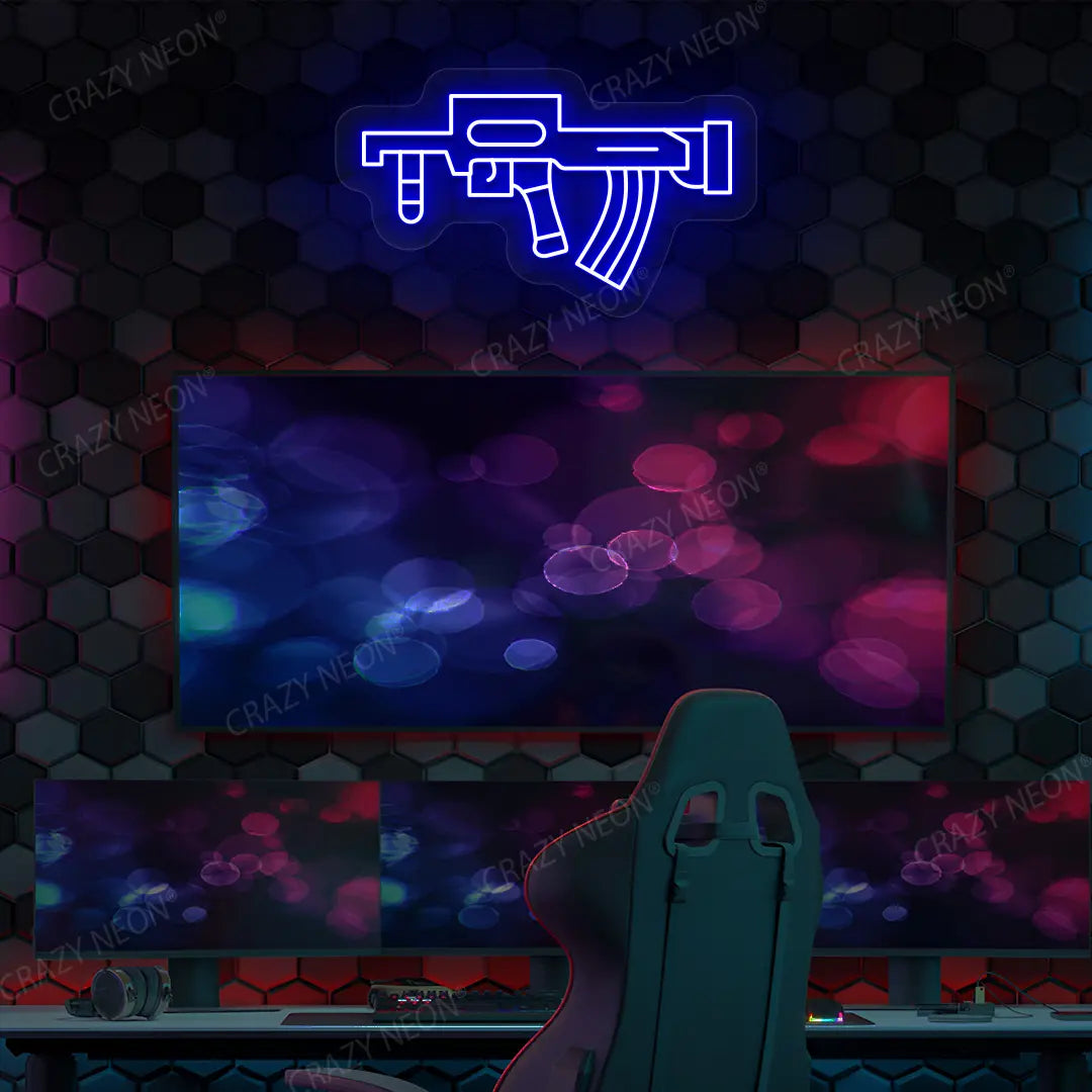 Groza Gaming Gun Neon Sign in Blue color