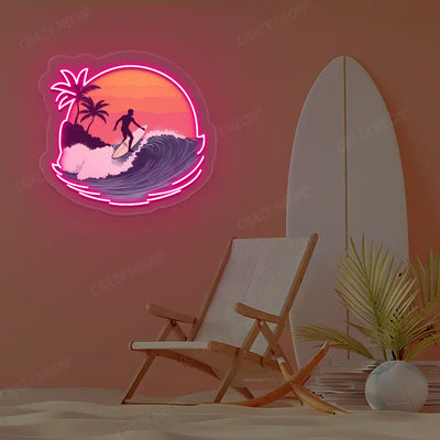 pink surfer wave palm tree neon artwork mounted on a wall