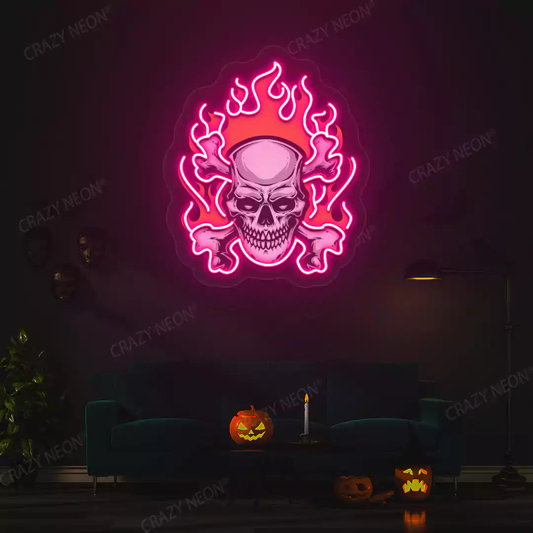 Flaming Skull Neon Artwork | Pink